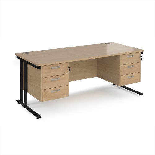 Maestro 25 straight desk 1800mm x 800mm with two x 3 drawer pedestals - black cantilever leg frame, Kendal oak top