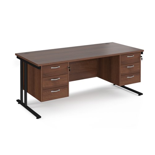 Maestro 25 straight desk 1800mm x 800mm with two x 3 drawer pedestals - black cantilever leg frame, walnut top