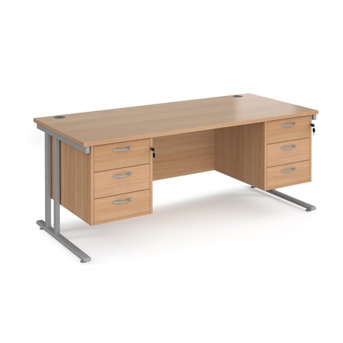 Maestro 25 straight desk 1800mm x 800mm with two x 3 drawer pedestals - silver cantilever leg frame, beech top