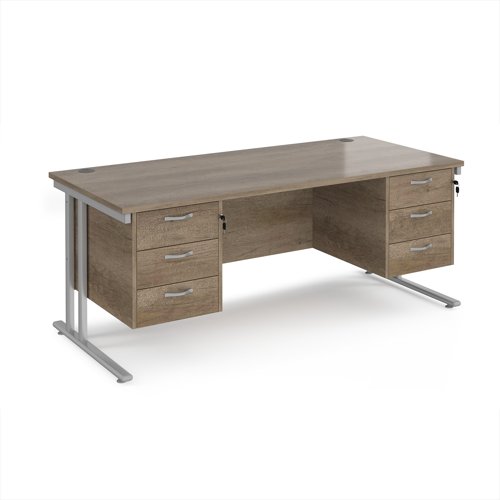 Maestro 25 straight desk 1800mm x 800mm with two x 3 drawer pedestals - silver cantilever leg frame, Nebraska oak top