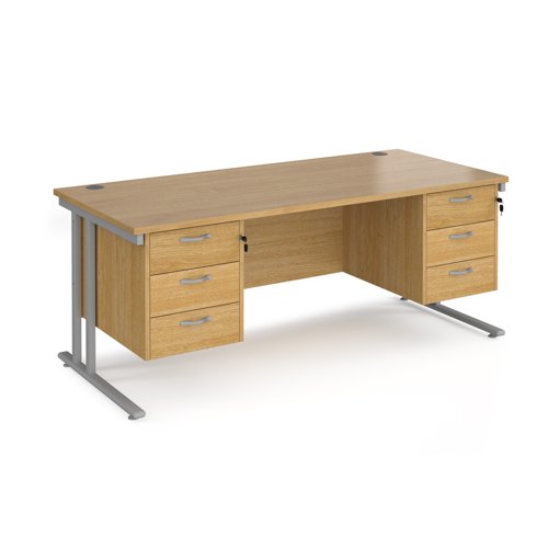Maestro 25 straight desk 1800mm x 800mm with two x 3 drawer pedestals - silver cantilever leg frame, oak top