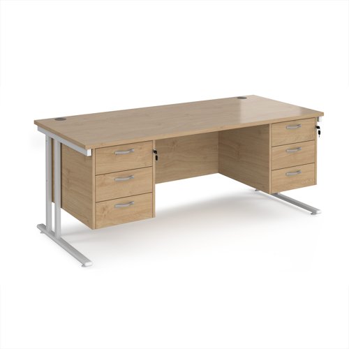 Maestro 25 straight desk 1800mm x 800mm with two x 3 drawer pedestals - white cantilever leg frame, Kendal oak top