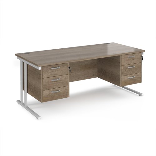 Maestro 25 straight desk 1800mm x 800mm with two x 3 drawer pedestals - white cantilever leg frame, Nebraska oak top