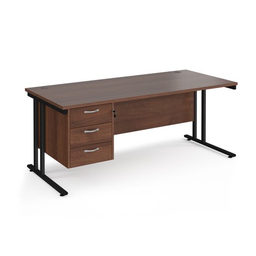 Maestro 25 straight desk 1800mm x 800mm with 3 drawer pedestal - black cantilever leg frame, walnut top Office Desks MC18P3KW