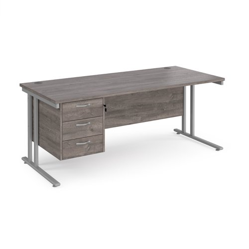 Maestro 25 straight desk 1800mm x 800mm with 3 drawer pedestal - silver cantilever leg frame, grey oak top