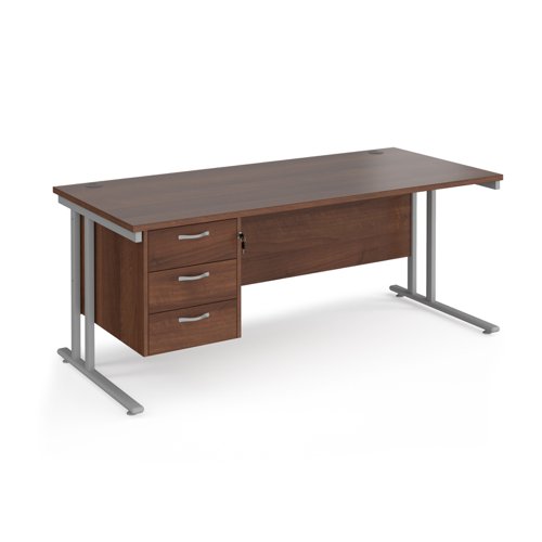 Maestro 25 straight desk 1800mm x 800mm with 3 drawer pedestal - silver cantilever leg frame, walnut top