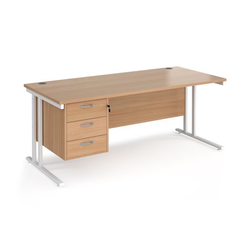 Maestro 25 straight desk 1800mm x 800mm with 3 drawer pedestal - white cantilever leg frame, beech top