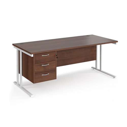 Maestro 25 straight desk 1800mm x 800mm with 3 drawer pedestal - white cantilever leg frame, walnut top