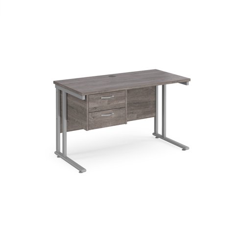 Maestro 25 straight desk 1200mm x 600mm with 2 drawer pedestal - silver cantilever leg frame leg, grey oak top