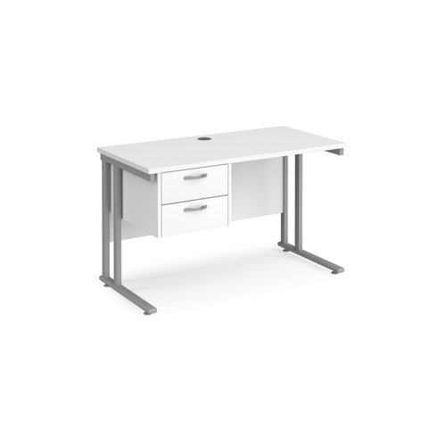 Maestro 25 straight desk 1200mm x 600mm with 2 drawer pedestal - silver cantilever leg frame and white top