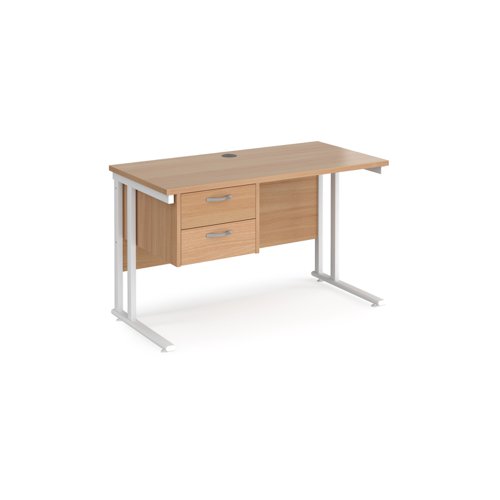 Maestro 25 straight desk 1200mm x 600mm with 2 drawer pedestal - white cantilever leg frame, beech top