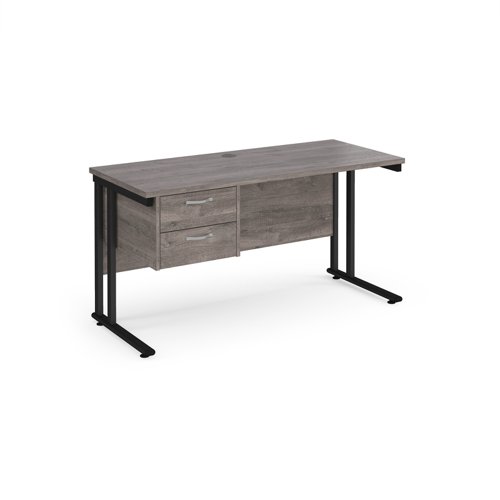 Maestro 25 straight desk 1400mm x 600mm with 2 drawer pedestal - black cantilever leg frame leg, grey oak top