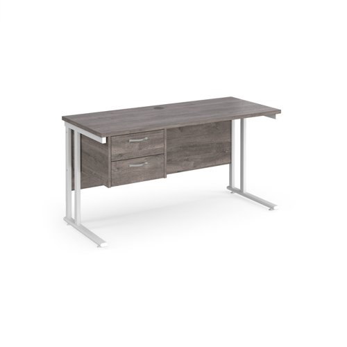 Maestro 25 straight desk 1400mm x 600mm with 2 drawer pedestal - white cantilever leg frame leg, grey oak top