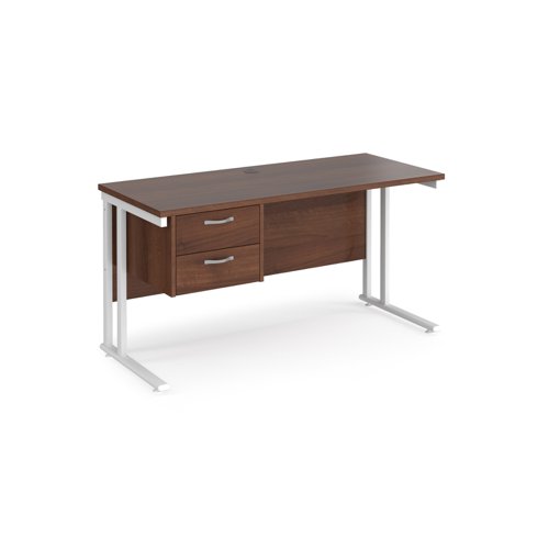 Office Desk Rectangular Desk 1400mm With Pedestal Walnut Top With White Frame 600mm Depth Maestro 25 Mc614p2whw