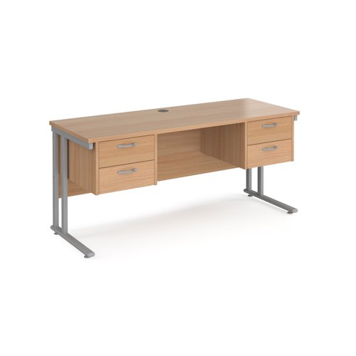 Office Desk Rectangular Desk 1600mm With Double Pedestal Beech Top With Silver Frame 600mm Depth Maestro 25 Mc616p22sb