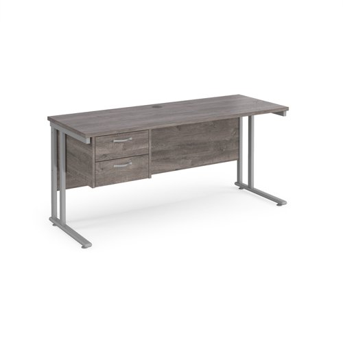 Maestro 25 straight desk 1600mm x 600mm with 2 drawer pedestal - silver cantilever leg frame leg, grey oak top