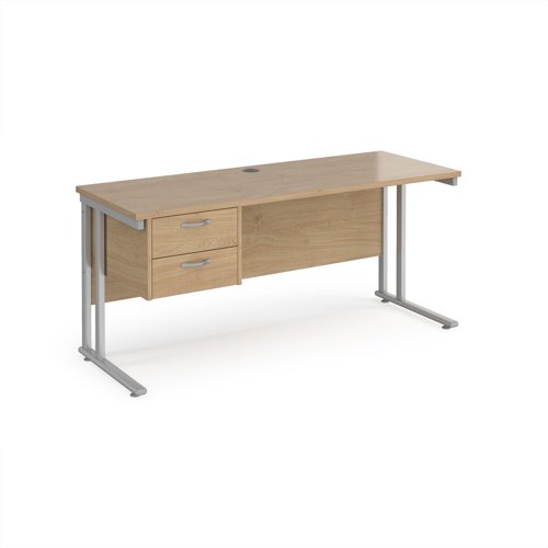 Maestro 25 straight desk 1600mm x 600mm with 2 drawer pedestal - silver cantilever leg frame, Kendal oak top