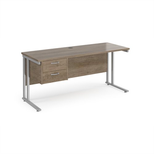 Maestro 25 straight desk 1600mm x 600mm with 2 drawer pedestal - silver cantilever leg frame, Nebraska oak top