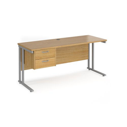 Maestro 25 straight desk 1600mm x 600mm with 2 drawer pedestal - silver cantilever leg frame, oak top