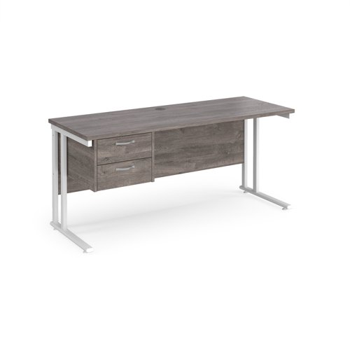 Maestro 25 straight desk 1600mm x 600mm with 2 drawer pedestal - white cantilever leg frame leg, grey oak top