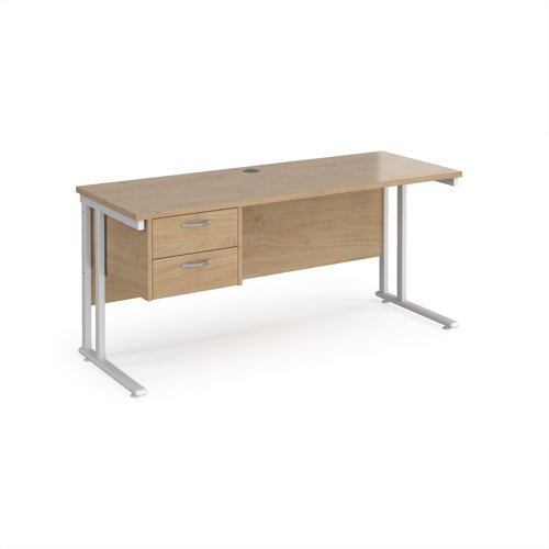 Maestro 25 straight desk 1600mm x 600mm with 2 drawer pedestal - white cantilever leg frame, Kendal oak top