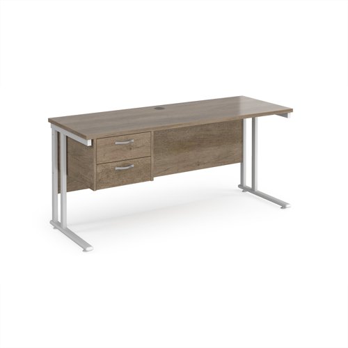 Maestro 25 straight desk 1600mm x 600mm with 2 drawer pedestal - white cantilever leg frame, Nebraska oak top