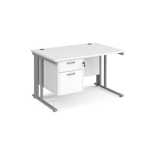 Maestro 25 straight desk 1200mm x 800mm with 2 drawer pedestal - silver cable managed leg frame, white top