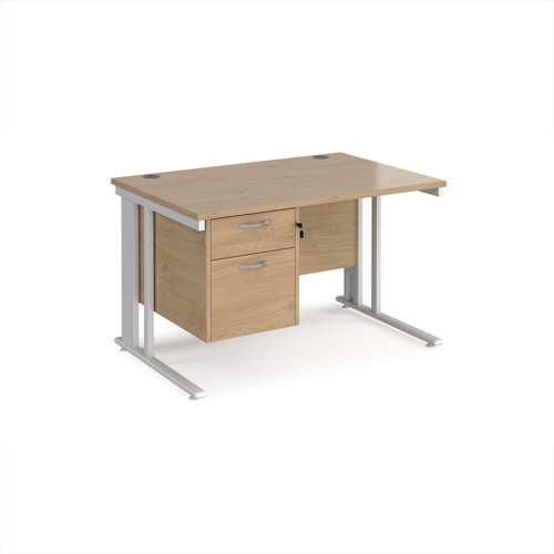 Maestro 25 straight desk 1200mm x 800mm with 2 drawer pedestal - white cable managed leg frame, kendal oak top