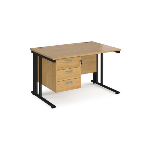 Maestro 25 straight desk 1200mm x 800mm with 3 drawer pedestal - black cable managed leg frame, oak top