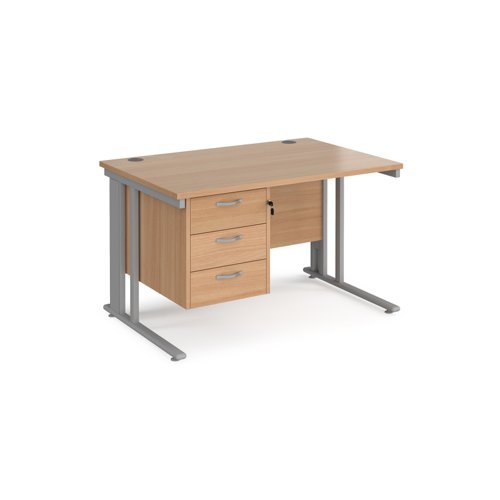 Maestro 25 straight desk 1200mm x 800mm with 3 drawer pedestal - silver cable managed leg frame, beech top