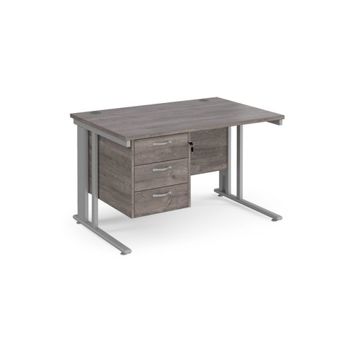 Maestro 25 straight desk 1200mm x 800mm with 3 drawer pedestal - silver cable managed leg frame, grey oak top