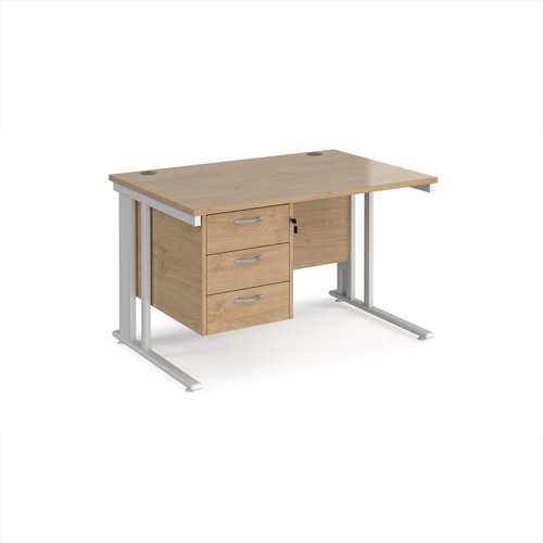 Maestro 25 straight desk 1200mm x 800mm with 3 drawer pedestal - white cable managed leg frame, kendal oak top