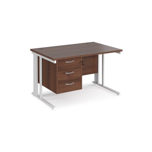 Maestro 25 straight desk 1200mm x 800mm with 3 drawer pedestal - white cable managed leg frame, walnut top