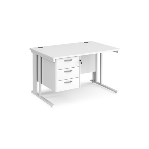 Maestro 25 straight desk 1200mm x 800mm with 3 drawer pedestal - white cable managed leg frame, white top