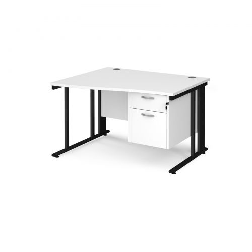 Maestro 25 left hand wave desk 1200mm wide with 2 drawer pedestal - black cable managed leg frame and white top