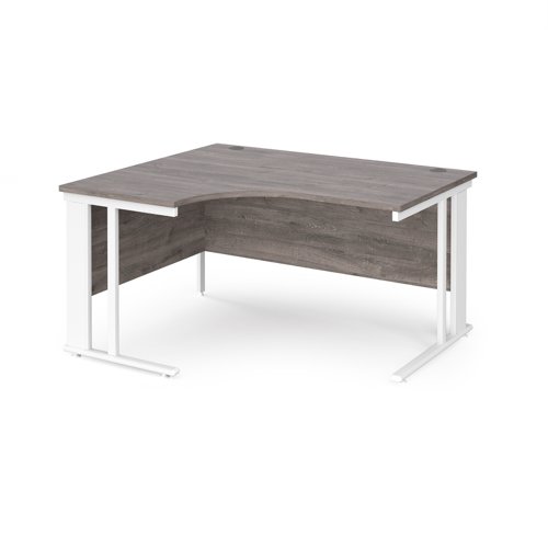 Maestro 25 left hand ergonomic desk 1400mm wide - white cable managed leg frame, grey oak top