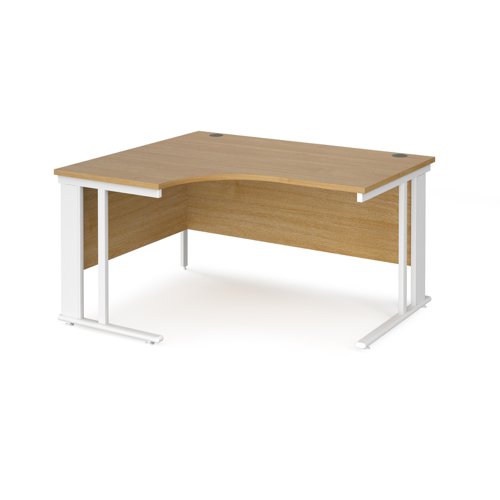 Maestro 25 left hand ergonomic desk 1400mm wide - white cable managed leg frame, oak top