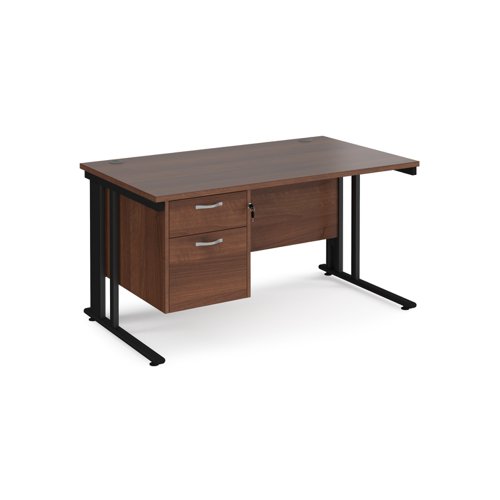 Maestro 25 straight desk 1400mm x 800mm with 2 drawer pedestal - black cable managed leg frame, walnut top