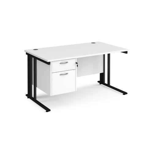 Maestro 25 straight desk 1400mm x 800mm with 2 drawer pedestal - black cable managed leg frame, white top