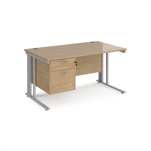 Maestro 25 straight desk 1400mm x 800mm with 2 drawer pedestal - silver cable managed leg frame, kendal oak top