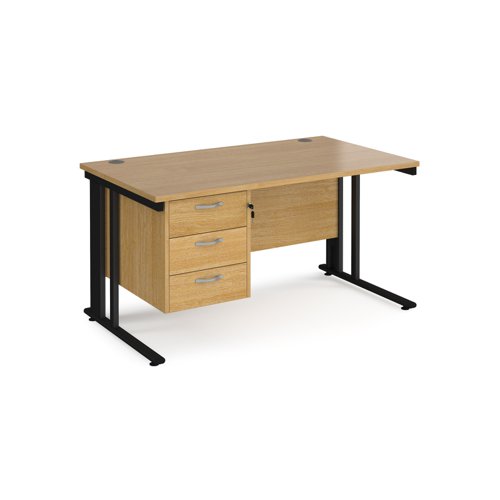 Maestro 25 straight desk 1400mm x 800mm with 3 drawer pedestal - black cable managed leg frame, oak top