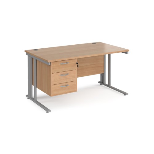 Maestro 25 straight desk 1400mm x 800mm with 3 drawer pedestal - silver cable managed leg frame, beech top
