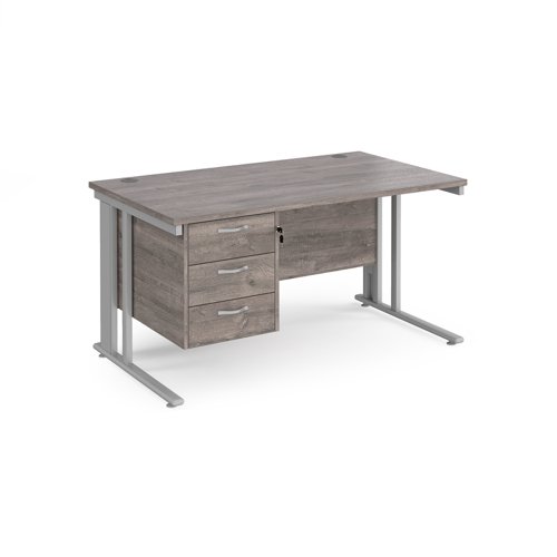 Maestro 25 straight desk 1400mm x 800mm with 3 drawer pedestal - silver cable managed leg frame, grey oak top