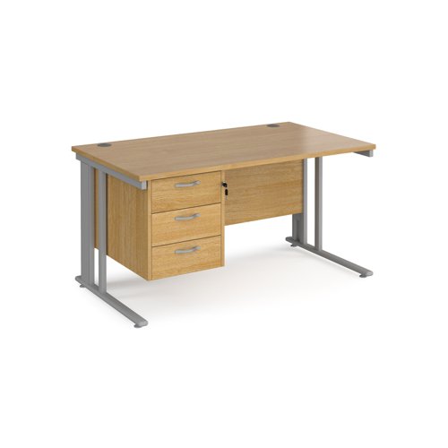 Maestro 25 straight desk 1400mm x 800mm with 3 drawer pedestal - silver cable managed leg frame, oak top
