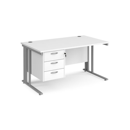 Maestro 25 straight desk 1400mm x 800mm with 3 drawer pedestal - silver cable managed leg frame, white top