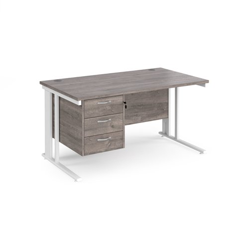 Maestro 25 Straight Desk 1400mm X 800mm With 3 Drawer Pedestal White Cable Managed Leg Frame Grey Oak Top