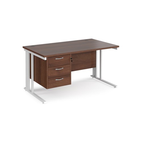 Maestro 25 straight desk 1400mm x 800mm with 3 drawer pedestal - white cable managed leg frame, walnut top