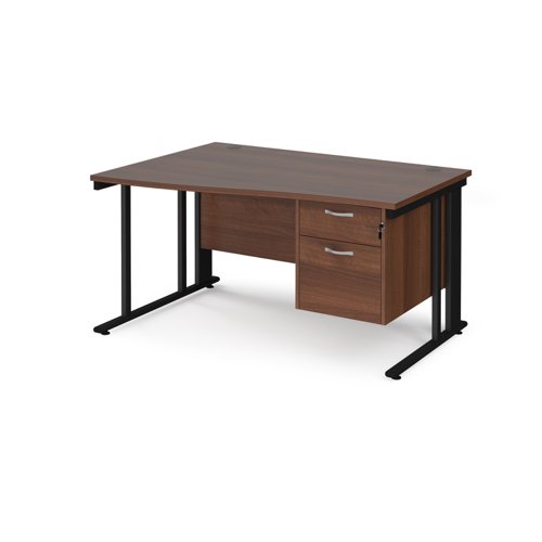 Office Desk Left Hand Wave Desk 1400mm With Pedestal Walnut Top With Black Frame Maestro 25 Mcm14wlp2kw