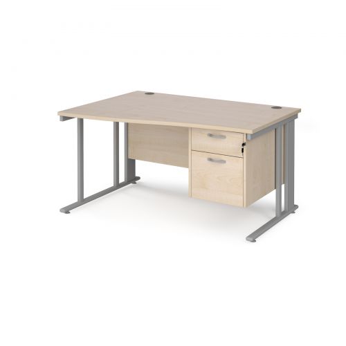 Maestro 25 left hand wave desk 1400mm wide with 2 drawer pedestal - silver cable managed leg frame and maple top