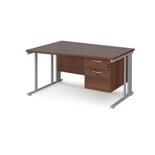 Office Desk Left Hand Wave Desk 1400mm With Pedestal Walnut Top With Silver Frame Maestro 25 Mcm14wlp2sw